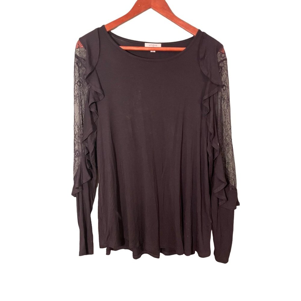 Umgee Black Long Lacy Sleeved Ruffled Oversized Top Sz S